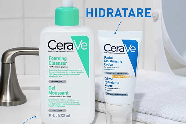 Ingrijirea si hidratarea tenului cu produse din aceeasi gama Cerave Gel de Curatare Spumant Pentru pielea Normala si Grasa si Crema hidratanta pentru fata AM cu SPF pentru pielea normala si 